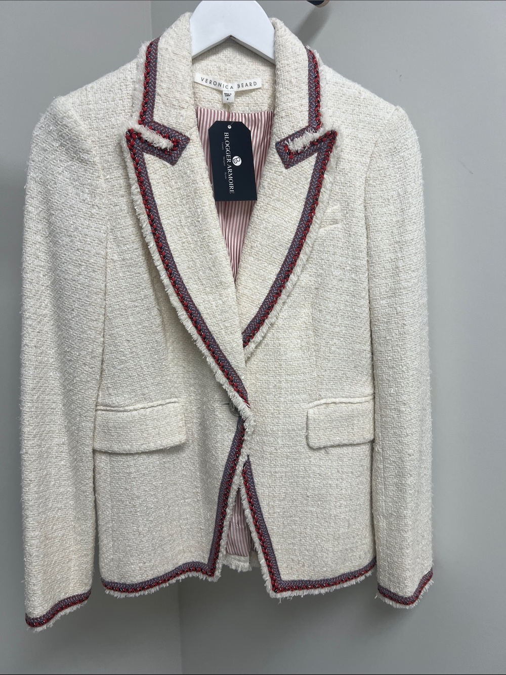 Veronica Beard Cream Bouclé Blazer with Red-Navy Trim